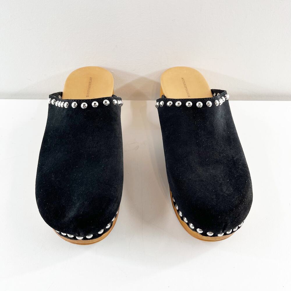Anthropologie Studded Trim Wood Bottom Clogs Black 40 / US 9.5 / 10 - Picture 7 of 10